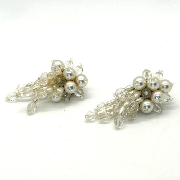 Vintage Clip-On Earrings Faux Pearls & Beaded Bridal Prom Formal Jewelry - Picture 5 of 16